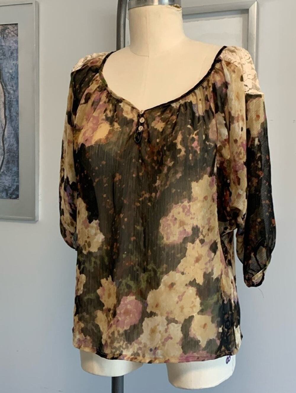 Dreamy Vintage Lace Sheer Floral Blouse Boho Drape Romantic 90s Grunge